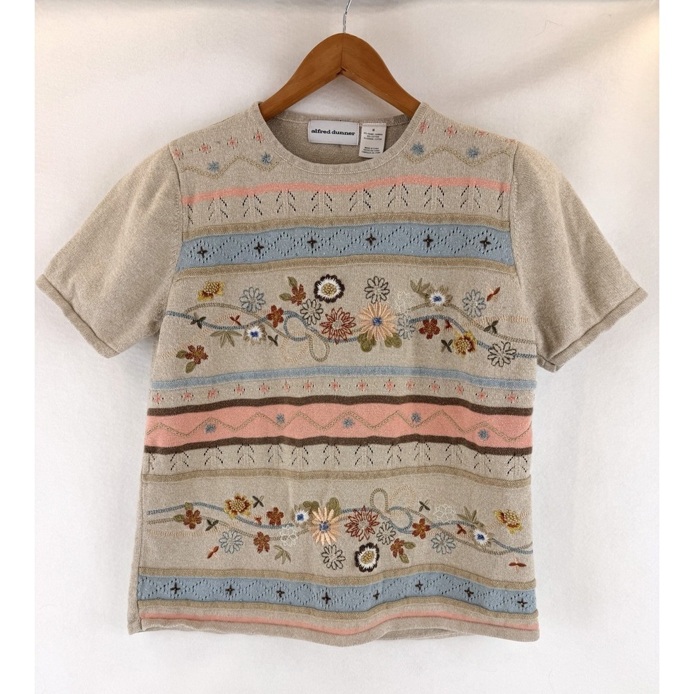 Top Alfred Dunner Embroidered Floral Knit Sweater Womens Medium Vintage